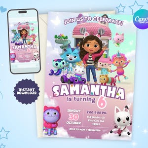Convite editável Gabby DollHouse, convite de aniversário para impressão Gabby House, modelo Canva