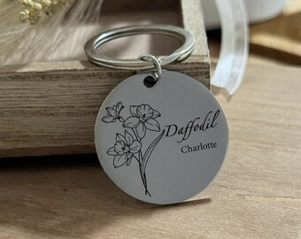 Personalized Daffodil Birth Month Flower Gift, Custom Birthday Gift for March, Stainless Steel Keychain, Mother's Day Gift - Christmas Gift
