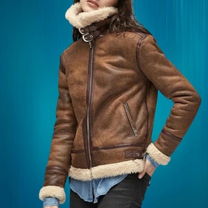 Women&#39;s Handmade Brown Shearling Jacket-Stylish Cozy Winter Genuine Leather-RAF Aviator Flying Pilot B3 Bomber Casual Jacket - Gift Item