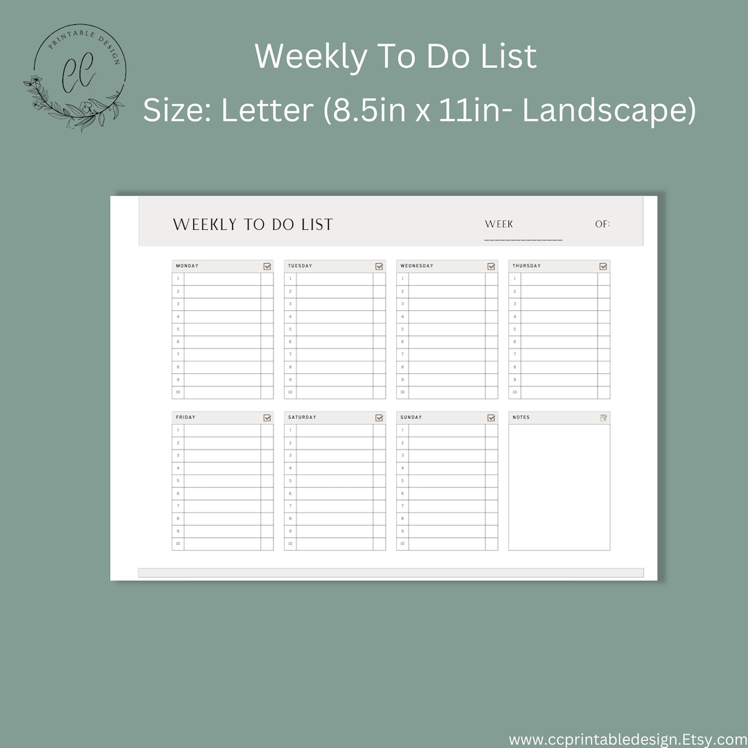 Weekly To-do List landscape Printable PDF Organize Your Week, Plan ...