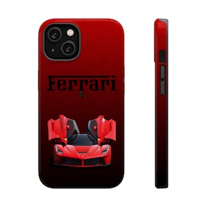 May include: Red phone case featuring a Ferrari sports car with open doors. The case has a textured red background with the Ferrari logo and text. The side view shows a black and red gradient.