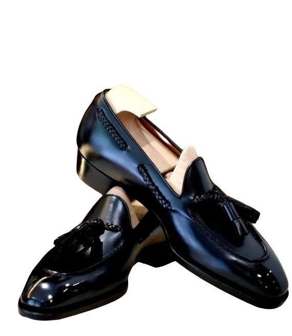 Handmade Men's Premium Quality Black Leather Slip on Tassels Dress