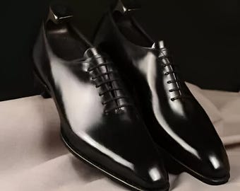 Handmade Men Leather Black Oxford Formal Lace Up Whole-Cut Dress Shoes For Men, Leather Dress Shoes, Personalized Gift, Christmas Gift
