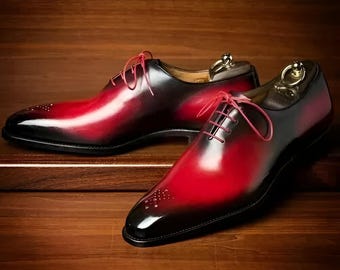 Scarpe inglesi da uomo su misura in vera pelle rossa sfumata nera, modello Oxford Brogue, scarpe eleganti, regalo personalizzato, regalo di Natale
