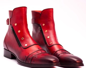 Handmade Men&#39;s Genuine Leather Red Buckle Side Zip Ankle Boots For Men, Leather Dress Ankle Boots, Personalized Gift, Christmas Gift