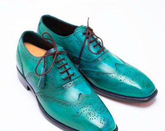 Handmade Aqua Green Formal Leather Lace Up Wingtip Brogue Dress Shoes , Lace up Formal Shoes For Men, Personalized Gift, Christmas Gift