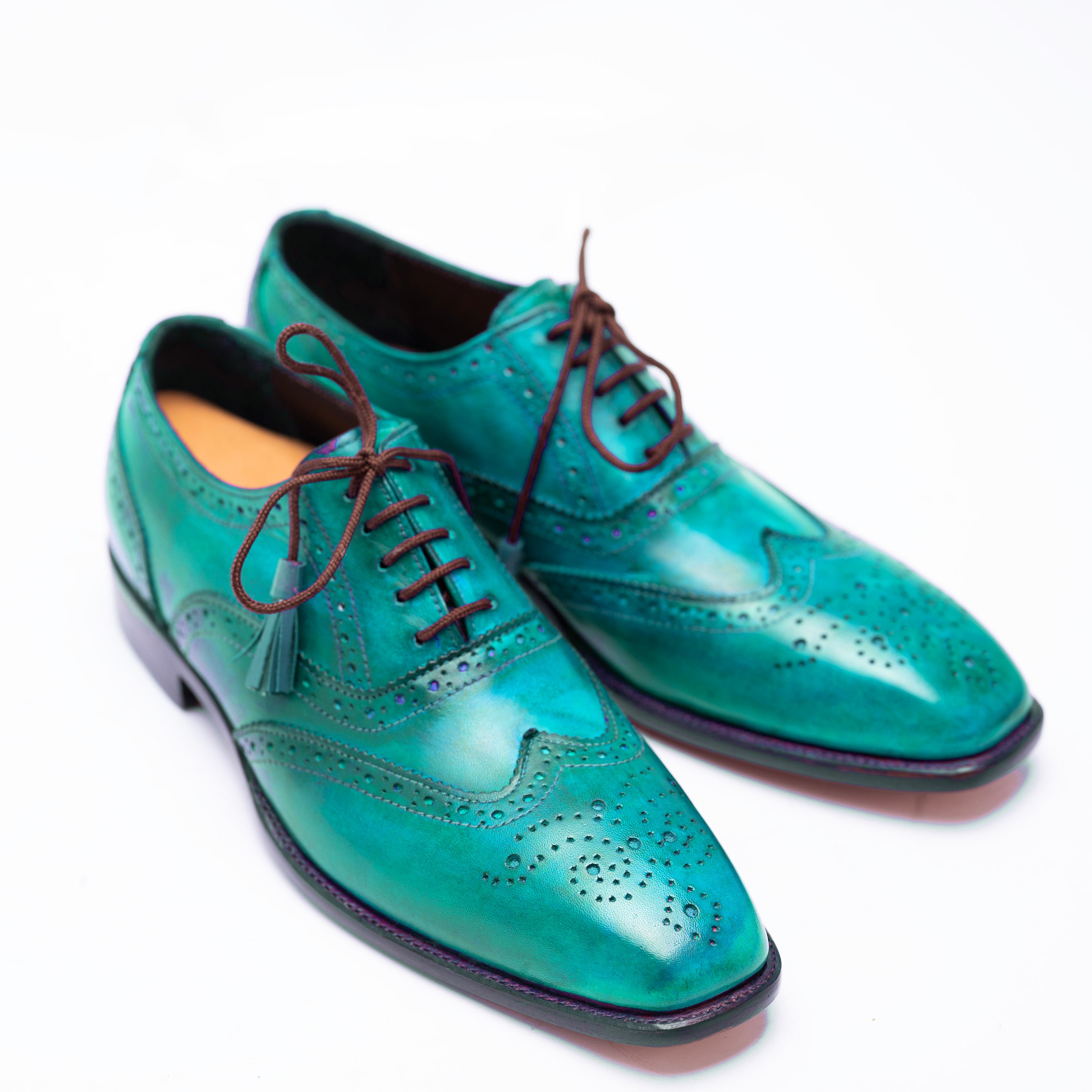 Handmade Aqua Green Formal Leather Lace up Wingtip Brogue