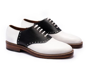 New Handmade Two Tone Black & White Lace Up Oxford Shoes For Men, Lace up Dress Formal Shoes For Men, Personalized Gift, Christmas Gift