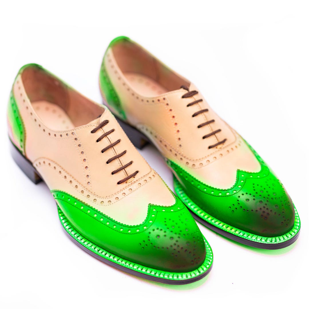 New Handmade Two Tone Green & Beige Lace up Oxford Wingtip