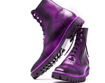 Handmade Real Leather Purple Lace Up Vibrum Sole Boots For Men, Real Leather Dress Ankle Boots, Wedding Boots, Christmas Gift
