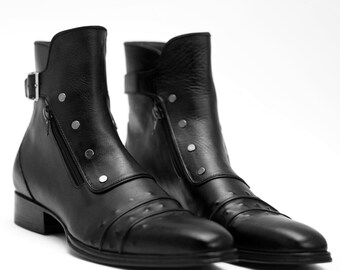 Handmade Men&#39;s Genuine Leather Black Buckle Side Zip Ankle Boots For Men, Leather Dress Ankle Boots, Personalized Gift, Christmas Gift