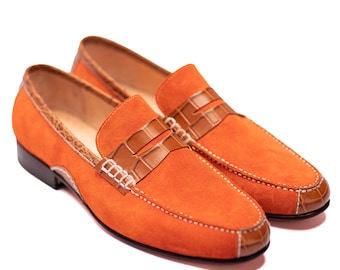 Handmade Suede Leather Orange Slip On Loafer Moccasin Dress Shoes For Men, Leather Formal Office Shoes,Personalized Gift, Christmas Gift