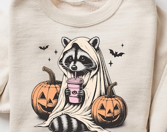 Halloween Sweatshirt, Cute Raccoon Ghost T-Shirt, Retro Halloween Shirts, Spooky Season Gift, Raccoon Halloween Shirt, Pumpkin Fall Shirt