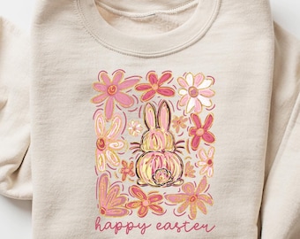Floral Boho Easter Bunny Sweatshirt, Cute Bunny Easter T-shirt, Easter Matching Gift, Coquette Easter Shirt, Easter Bunny Crewneck