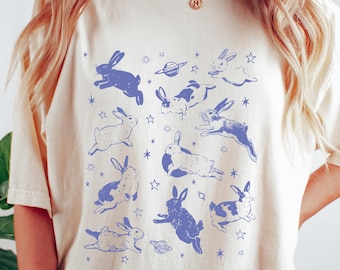 Bunnies In Space T-shirt, Retro Comfort Woman Shirt, Inspirational Mom Sweatshirt, Bunny Graphic Tee, Rabbit Lover Gift, Funny Woman Apparel