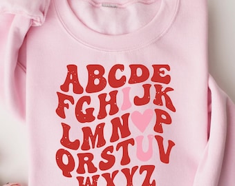 Cute Teacher Valentine Shirt, Teacher Alphabet T-shirt, Gift For Teacher, Aesthetic Teacher Sweatshirt, Valentine's Day Teacher Tee