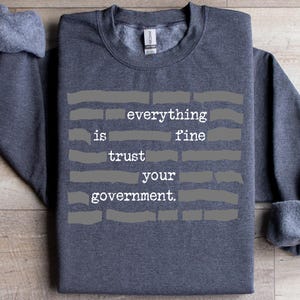 Può includere: Una felpa grigio scuro con la scritta "everything is fine trust your government" in grigio, con un design a forma di mattone. La felpa ha un girocollo e maniche lunghe con polsini ripiegati. È appoggiata su una superficie di legno chiaro.