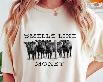 Camiseta retro cómoda de vaca, sudadera con olor a dinero, camiseta de animal adorable, regalo de moda para mujer, divertida camiseta de cuello redondo de vaca de las Tierras Altas, camiseta de granjero