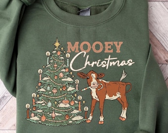 Sudadera navideña Mooey, suéter navideño, camiseta navideña con vaca, camiseta navideña familiar, regalos navideños, camiseta navideña del oeste