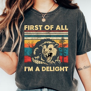 Retro First Of All I&#39;m A Delight Sarcastic Angry Opossum Lover Shirt, Comfort Funny Animal Lover TShirt, Unique Gift for Opossum Lovers