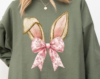 Coquette Bunny Ears Sweatshirt, Cute Easter Bunny T-shirt, Aesthetic Women's Easter Shirt, Coquette Easter Gift, Easter Rabbit Outfit