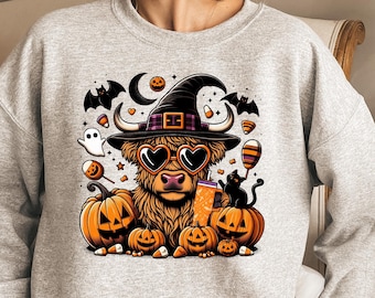 Highland Kuh Halloween Sweatshirt, Halloween Färse Shirt, Western Halloween Rundhalsausschnitt, Halloween Geschenk, Gruselige Saison T-Shirt, Kuh Liebhaber Pullover