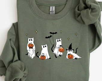 Halloween Cat Sweatshirt, Cat Ghost Shirt, Spooky Black Cat Shirt, Spooky Season Gift, Cool Halloween Cat Shirt, Halloween Party Shirts