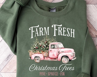 農場の新鮮なクリスマスツリーのスウェットシャツ、素朴な農家のピックアップトラックのクリスマスTシャツ、かわいいクリスマスシーズンのTシャツ、冬のホリデートラックシャツ