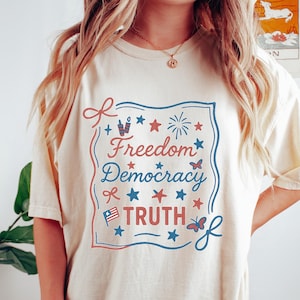 Patriotic Subtle FDT T-shirt, Coquette Bow 4th Of July Shirt, Patriotic Women Gift, Freedom Democracy Truth Tee, Activist American Crewneck