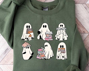 Geister lesen Bücher Pullover, literarisches Halloween Sweatshirt, Halloween Lehrer Geschenk, Bibliothekar Halloween Hoodie, Geister lesen Rundhalsausschnitt