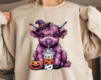 Halloween Funny Highland Cow Sweatshirt, Halloween Sweatshirt, Halloween Animals, Womens Cute Highland Cow Fall Shirt, Spooky Season Gift