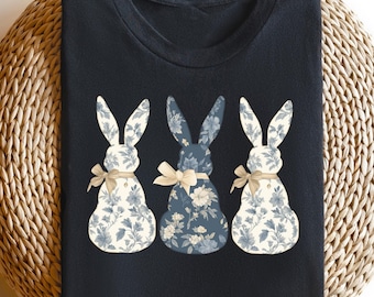 Camiseta de conejito azul con flores, linda camiseta con lazo de coqueta de Pascua, sudadera de mujer de conejito de moda, regalo de Pascua a juego, camiseta de conejito de Pascua coqueta