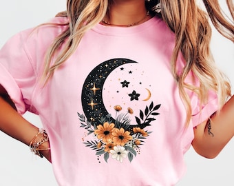Floral Crescent Moon Shirt, Boho Celestial Comfort Tee, Sun And Moon Graphic Tshirt, Witchy Nature Sweatshirt, Mystical Lunar Gift