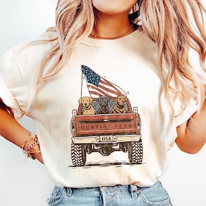 Retro Comfort Labrador Hunting Club T-shirt, Patriotic Dog Shirt, 4th Of July Gift, USA Flag Truck Crewneck, American Dog Mom Shirt