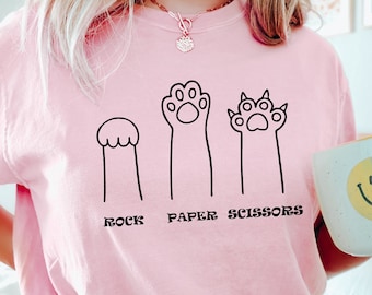 Rock Paper Scissors Tshirt, lustiges Katzenpfoten-Shirt, Unisex Rundhals-Shirt für Katzenliebhaber, Katzenbesitzer-Shirt, Katzenpfoten-T-Shirts, Geschenk für Katzenmama