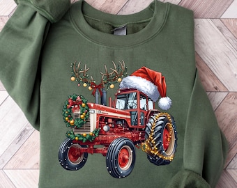 農場の新鮮なクリスマスツリーのトラクターセーター、クリスマストラクターファミリーTシャツ、クリスマスTシャツ、冬用ファミリートップ、赤いトラックシャツ、ホリデーギフト
