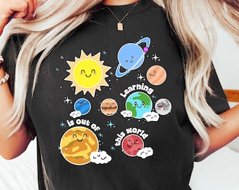 Camisetas para professores do sistema solar, aprender está fora deste mundo, linda camiseta para professores de ciências do espaço sideral, de volta às aulas, camisa para ensinar, presente para professores