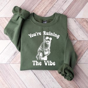 May include: An olive green sweatshirt featuring the phrase "You're Ruining The Vibe" and a white illustration of a frog with glasses and a stick. The sweatshirt has long sleeves and a crew neck.