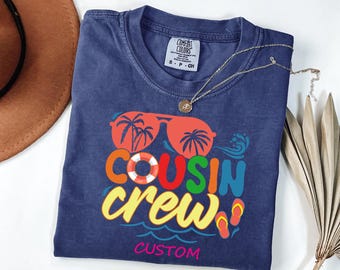 Comfort Colors® Cousin Crew zomershirts voor kinderen en volwassenen, neon strandvakantie top, preppy gestreept T-shirt, gepersonaliseerd zomertrip T-shirt