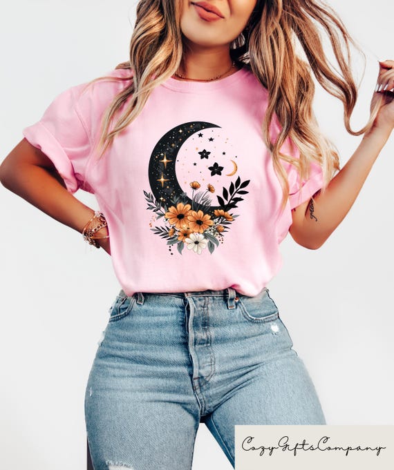 Floral Crescent Moon Shirt, Boho Celestial Comfort Tee, Sun And Moon Graphic Tshirt, Witchy Nature Sweatshirt, Mystical Lunar Gift