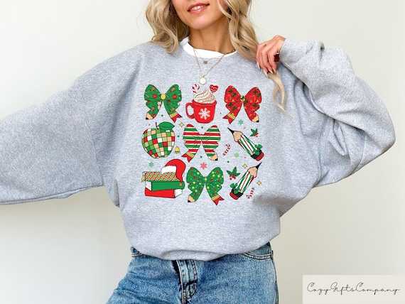 Coquette Christmas School Sweater, Christmas Teacher Gift, Teacher Xmas Crewneck, Women's Christmas Sweatshirt Festive Holiday Apparel