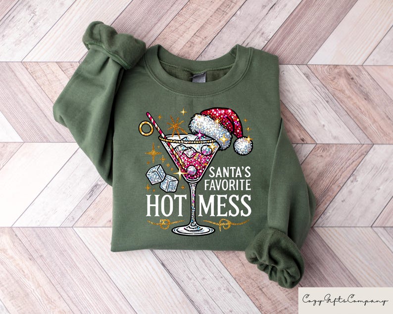 Santa's Hot Mess Sweater, Christmas Martini Hoodie, Christmas Drink Sweatshirt, Christmas Party Shirts, Christmas Clothing For Womens image 2