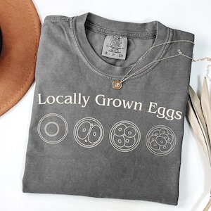 Op de afbeelding: Een antracietgrijs t-shirt met korte mouwen en een ronde hals. Het shirt heeft de witte tekst "Locally Grown Eggs" boven een afbeelding met vier cirkelvormige stadia van celdeling. Een label in de kraag vermeldt "Comfort Colors".