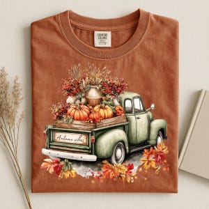 Op de afbeelding: Een roestkleurig T-shirt met een afbeelding van een vintage saliegroene pick-up truck die pompoenen en herfstbladeren in de laadbak vervoert. De tekst "Autumn vibes" staat op de achterklep. Het shirt heeft een Comfort Colors label.