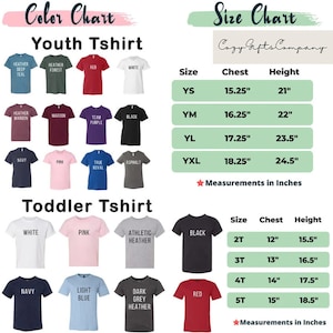以下が含まれることがあります： ユースと幼児向けのTシャツの色見本とサイズチャート。色見本には、赤、黒、ネイビーなど、さまざまなTシャツの色が表示されています。サイズチャートには、ユースのYSからYXL、幼児の2Tから5Tまでのさまざまなサイズの胸囲と高さの測定値がcmで表示されています。
