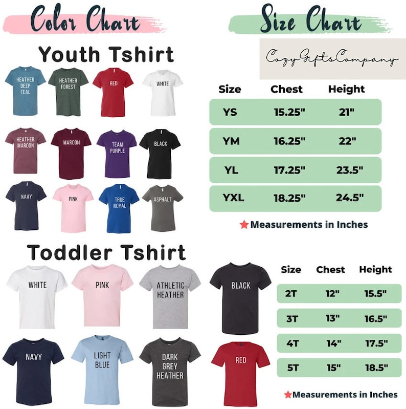 以下が含まれることがあります： ユースと幼児向けのTシャツの色見本とサイズチャート。色見本には、赤、黒、ネイビーなど、さまざまなTシャツの色が表示されています。サイズチャートには、ユースのYSからYXL、幼児の2Tから5Tまでのさまざまなサイズの胸囲と高さの測定値がcmで表示されています。