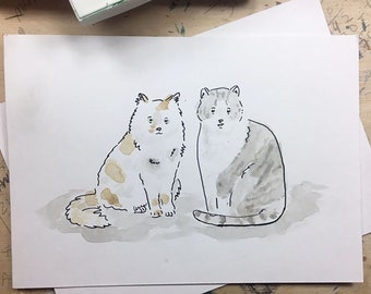 Custom Watercolor Original  Pet Portrait Two Pets