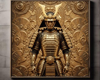 Samurai dorato minimalista, arte murale minimalista con samurai, opera d&#39;arte digitale 3D con samurai, stampa dorata con guerriero giapponese, casa di lusso con samurai dorato