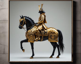 Arte del samurai dorato, arte su tela del samurai, decorazioni epic del samurai, stampa del samurai dorato, arte del cavallo del samurai, tela da parete epica, decorazioni del samurai dorato,