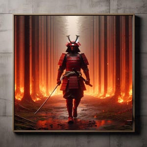 Impression d&#39;art guerrier samouraï japonais : gravure sur bois de style forêt brumeuse art japonais numérique